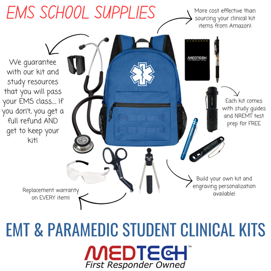 blue backpack surrounded with emt schools supplies.