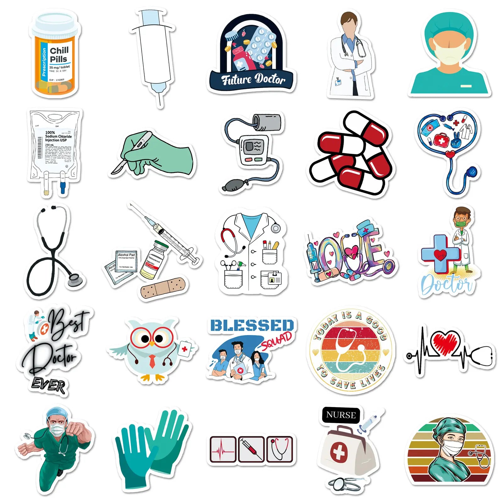 MedTech- 50 Pcs Cartoon Medicine Stickers- -