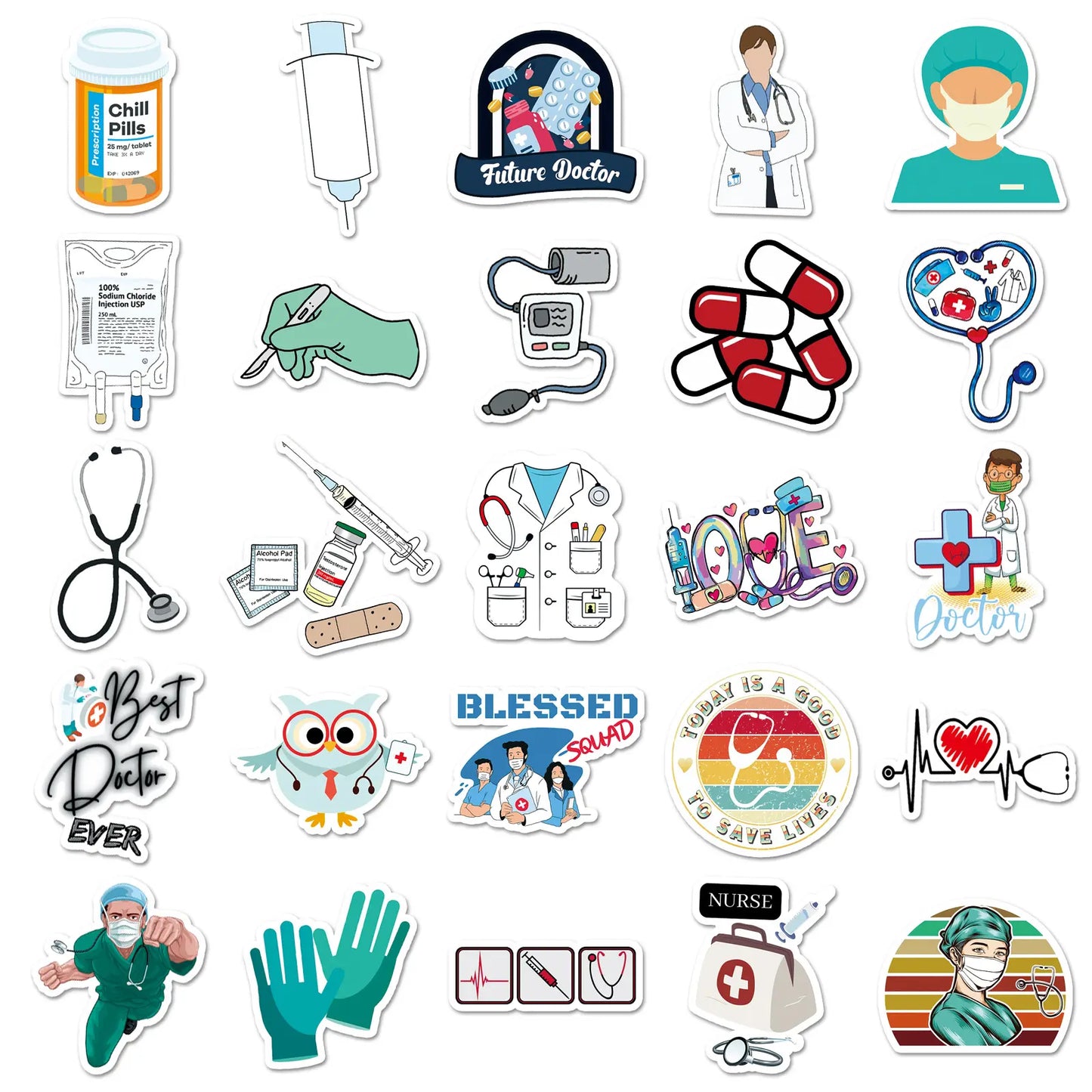 MedTech- 50 Pcs Cartoon Medicine Stickers- -
