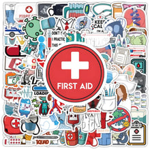 MedTech cartoon medicine stickers with a red first-aid cross sticker in center