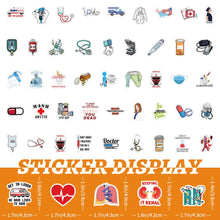 Sticker display sheet showing rows of cartoon medicine stickers