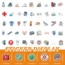 MedTech sheet of individual cartoon medicine stickers laid flat