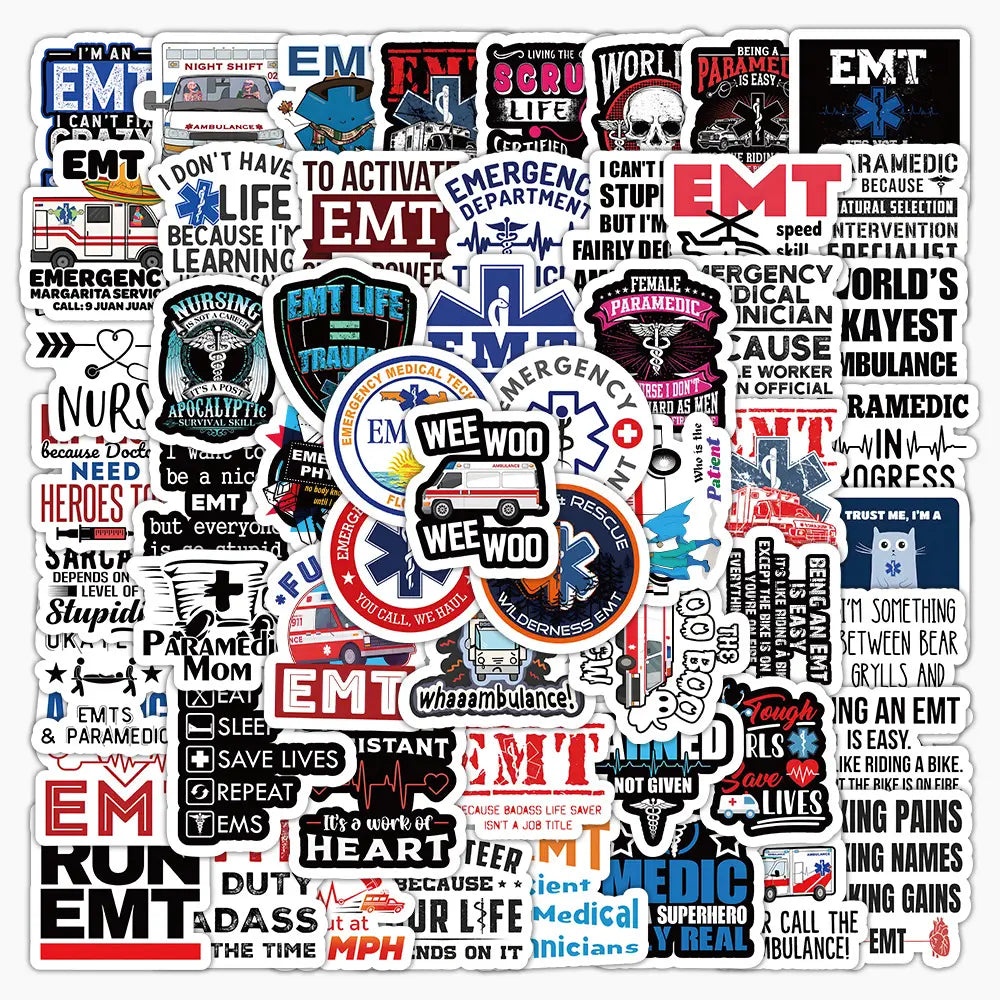 MedTech 100 EMT stickers collage with EMS slogans, Star of Life and paramedic designs