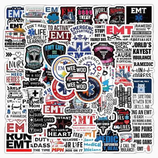 MedTech 100 EMT stickers collage with EMS slogans, Star of Life and paramedic designs