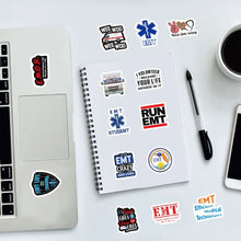 MedTech 100 pcs EMT stickers applied to a laptop and water bottle for size reference