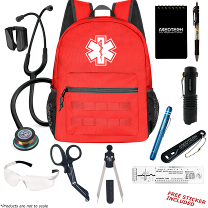 MedTech- Paramedic Basic Clinical Kit- Red- Black Tube; Rainbow Finish Chestpiece