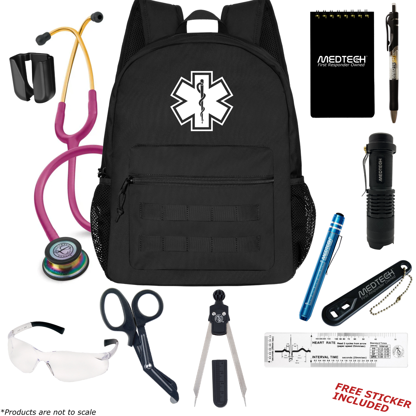 MedTech- Paramedic Basic Clinical Kit- Black- Raspberry Tube; Rainbow Chestpiece