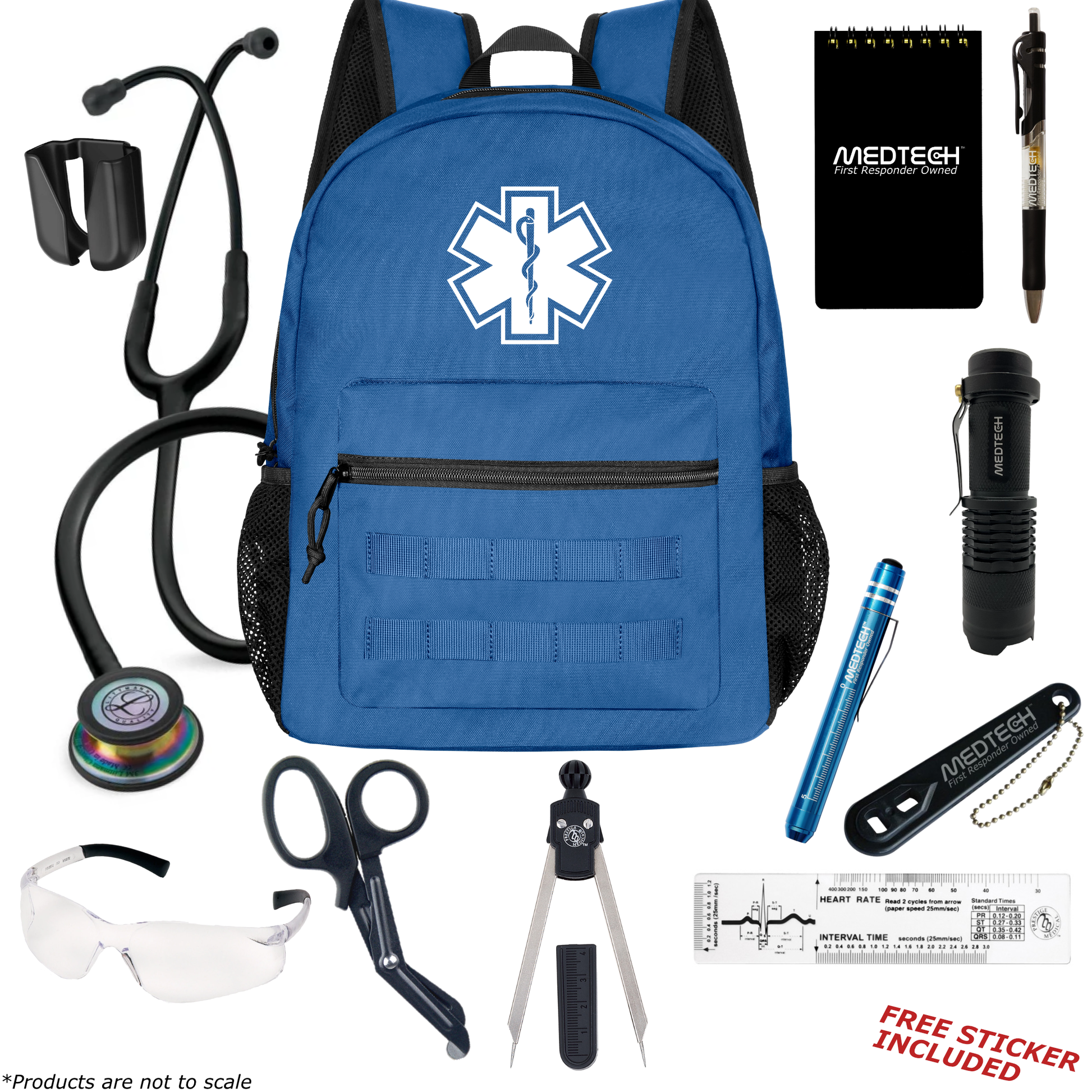 MedTech- Paramedic Basic Clinical Kit- Blue- Black Tube; Rainbow Finish Chestpiece