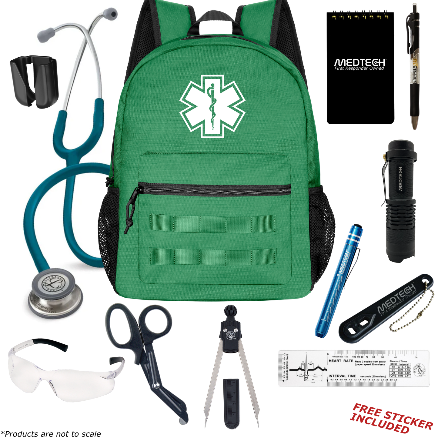 MedTech- Paramedic Basic Clinical Kit- Green- Caribbean Blue Tube; Stainless Steel Chestpiece