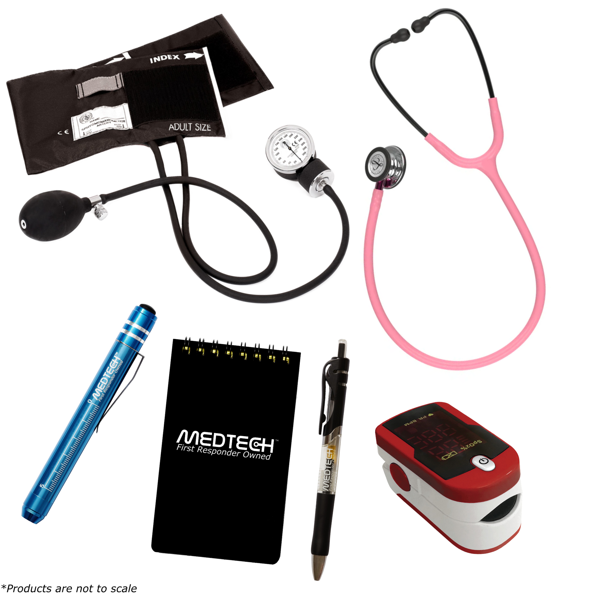 MedTech- Premium Vitals Kit- Red- Pearl Pink Tube; Pink Stem; Smoke Headset; Mirror Chestpiece