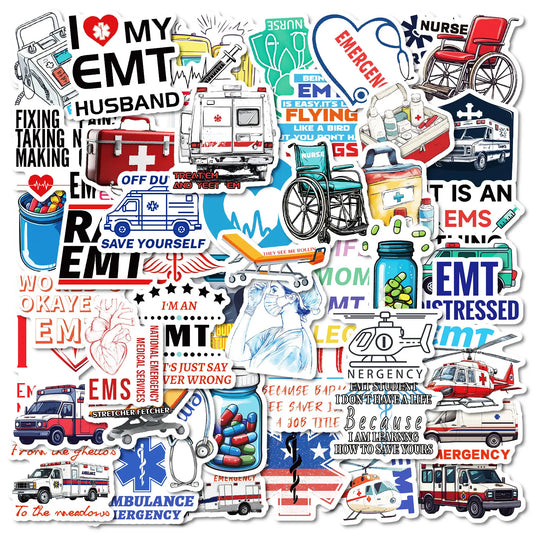 MedTech ambulance stickers collage with EMS slogans, ambulances and Star of Life