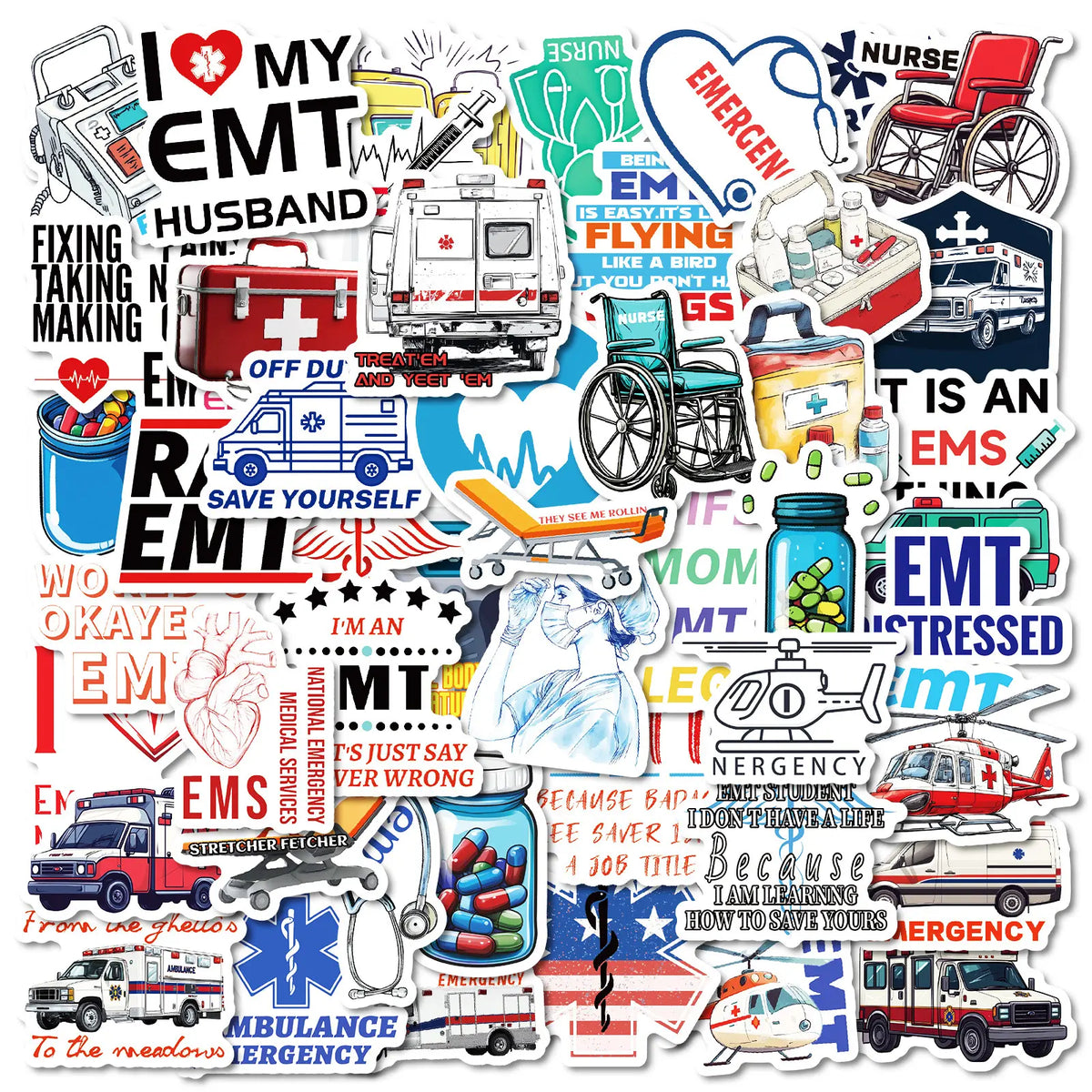 MedTech ambulance stickers collage with EMS slogans, ambulances and Star of Life