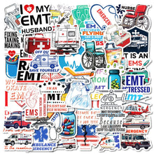 MedTech ambulance stickers collage with EMS slogans, ambulances and Star of Life