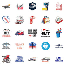 MedTech ambulance stickers laid flat showing assorted emergency vehicle designs
