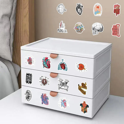 Cartoon anatomy stickers applied to a white drawer set for size reference