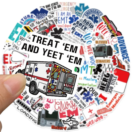 MedTech 50 pcs EMT stickers arranged in a circle with EMS slogans and ambulance design