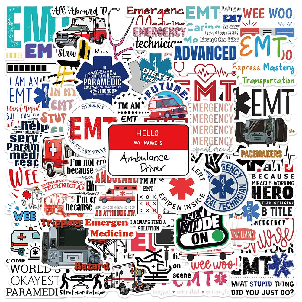 MedTech 50 pcs EMT stickers sheet with emergency medical text and emblems