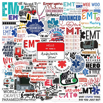 MedTech 50 pcs EMT stickers sheet with emergency medical text and emblems