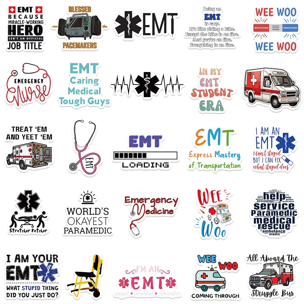 Medtech Sheet of individual EMT stickers with paramedic and EMS symbols