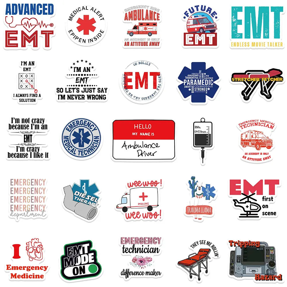 MedTech 50 pcs EMT stickers laid flat showing assorted EMS designs