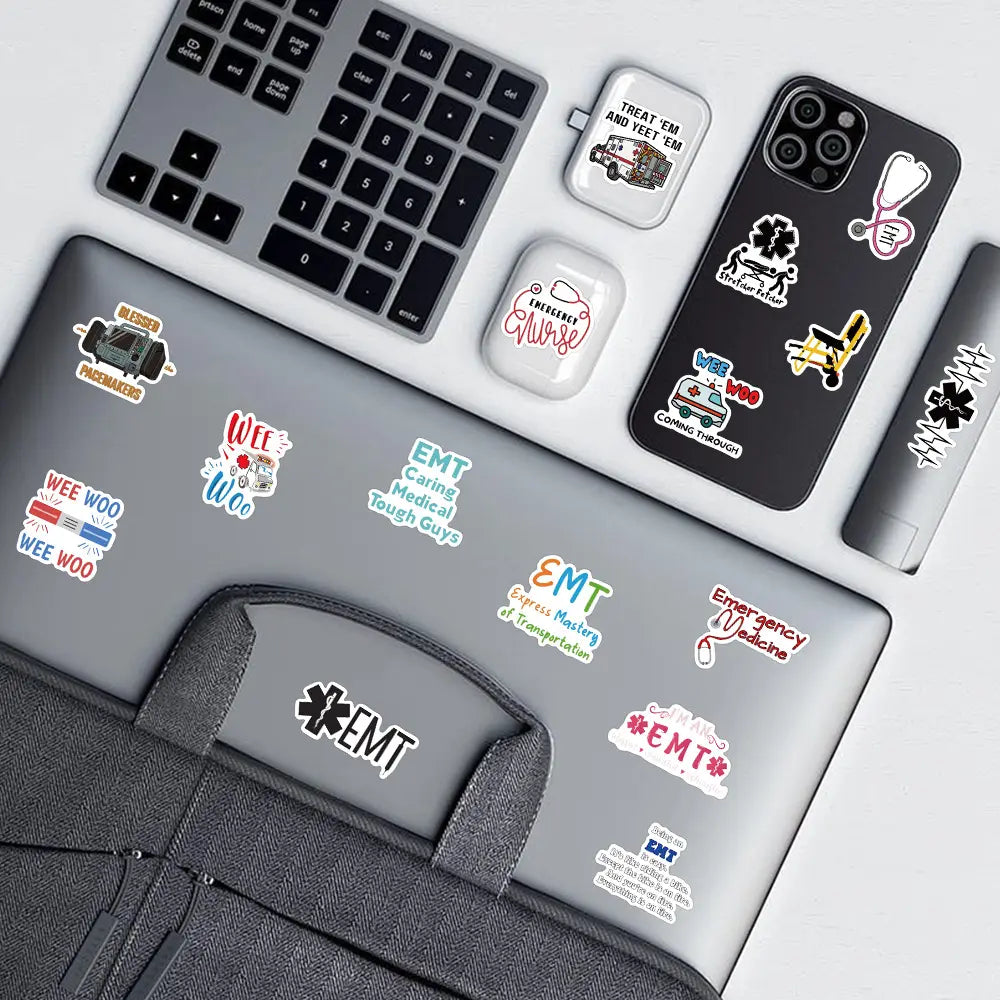 MedTech EMT stickers applied to a laptop for size reference
