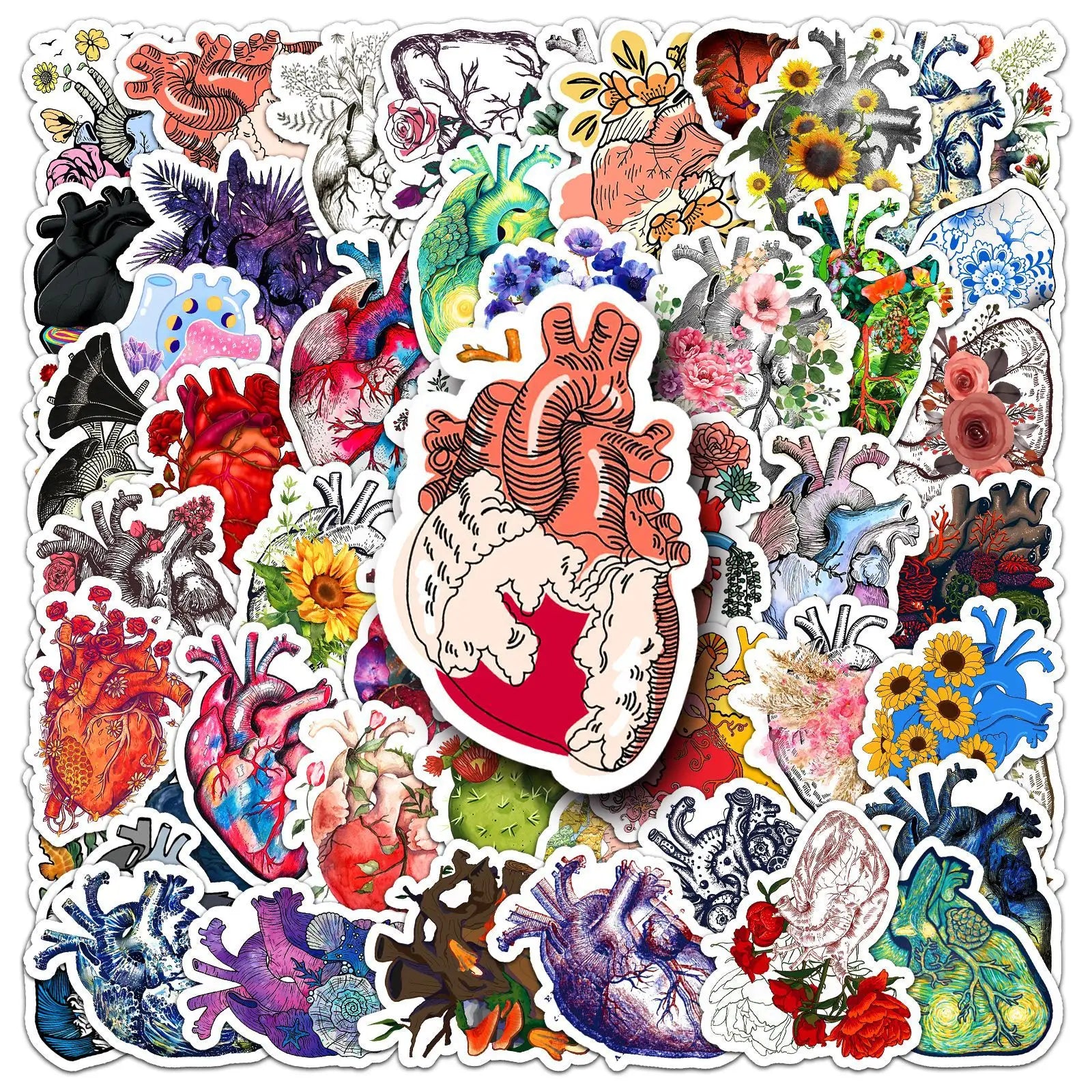 MedTech floral heart stickers collage featuring anatomical hearts with flowers