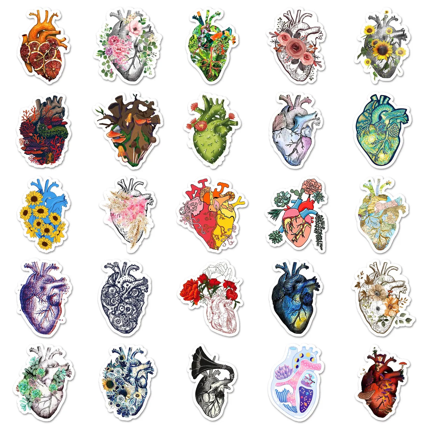 Sheet of individual floral anatomical heart stickers