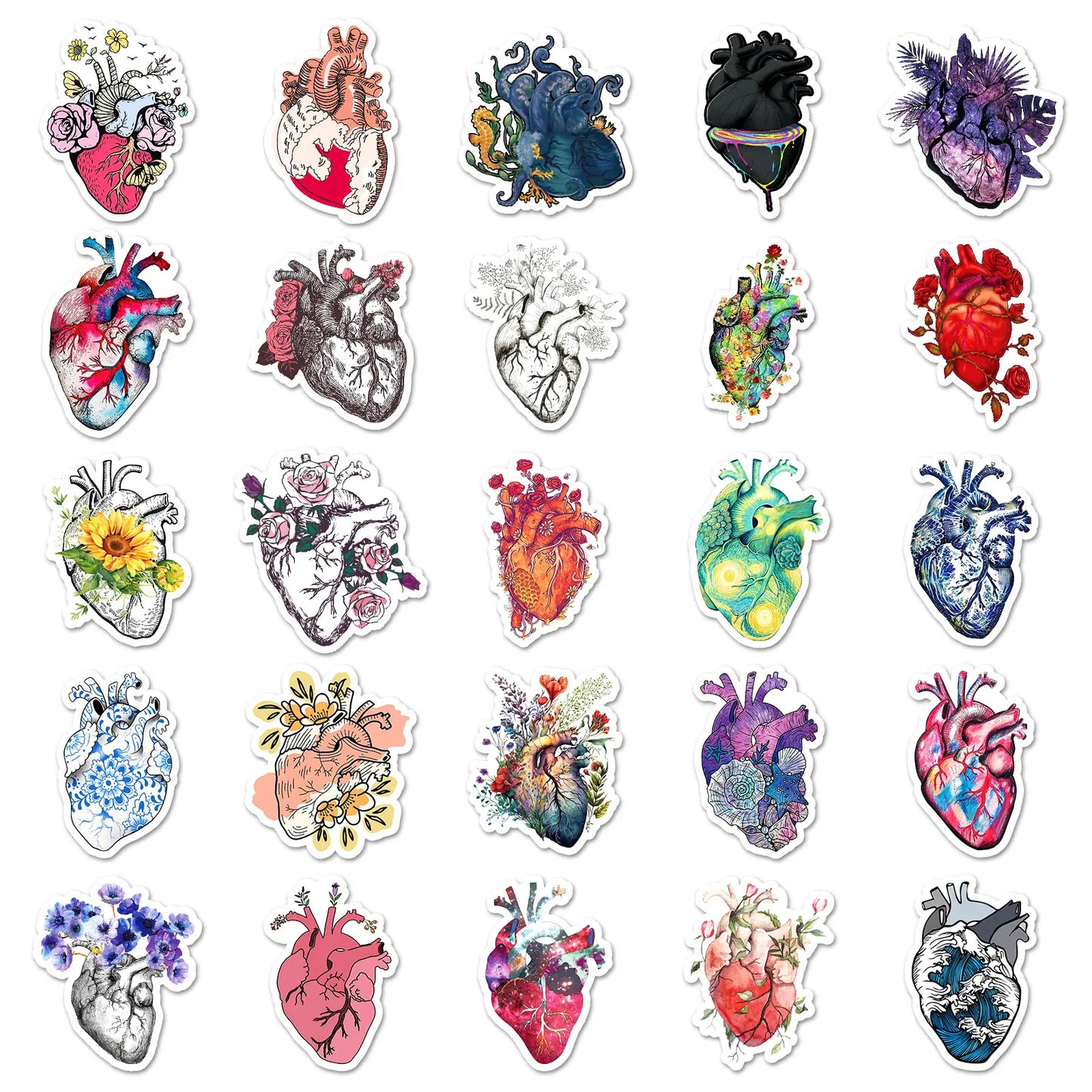 Floral heart stickers laid flat showing different heart-and-flower designs