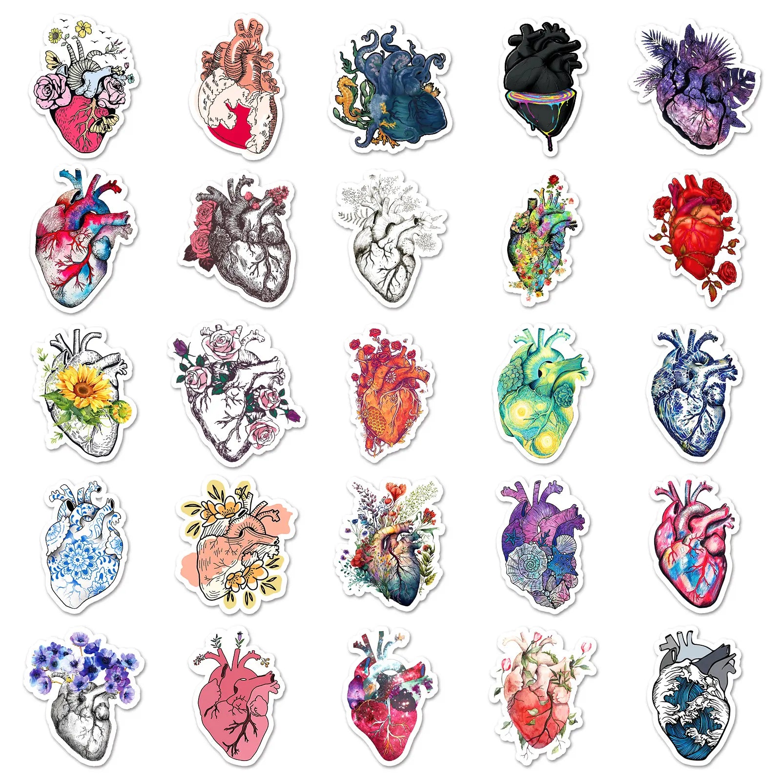 Floral heart stickers laid flat showing different heart-and-flower designs