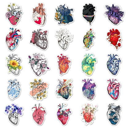 Floral heart stickers laid flat showing different heart-and-flower designs