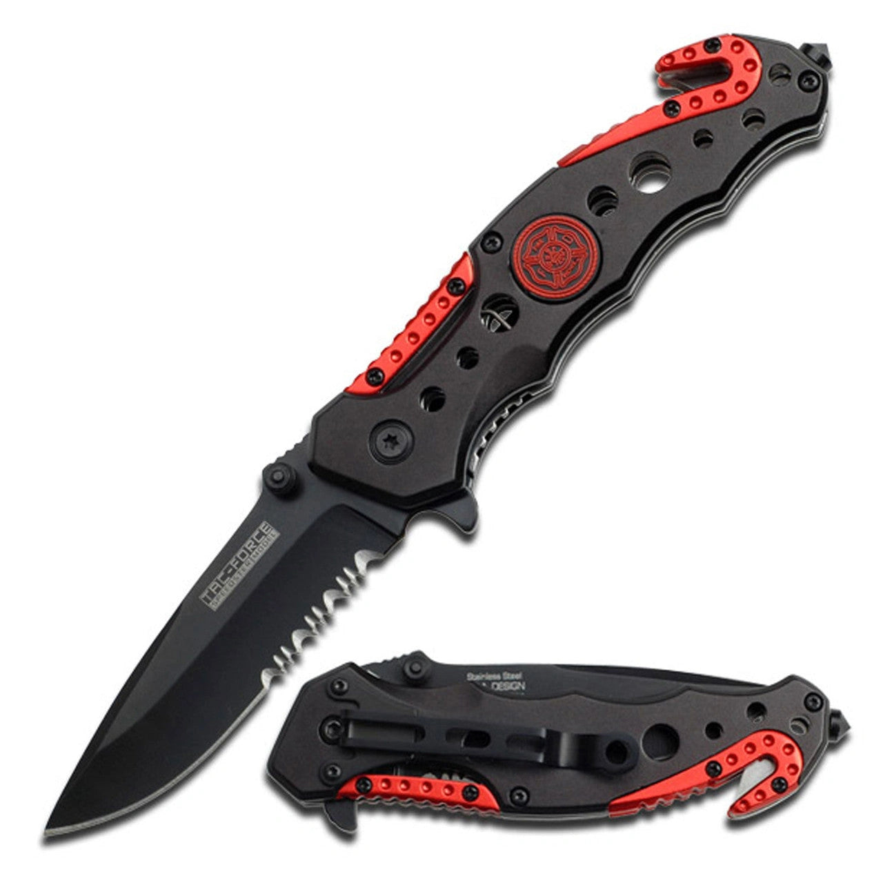 Tac Force- Black & Red Firefighter Rescue Knife- - 