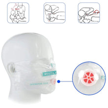 CPR mask keychain face shield demonstrated on a head with one-way valve diagram