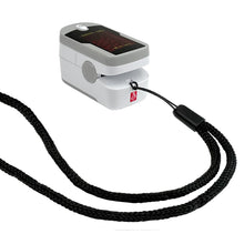 MedTech fingertip pulse oximeter side view with attached lanyard