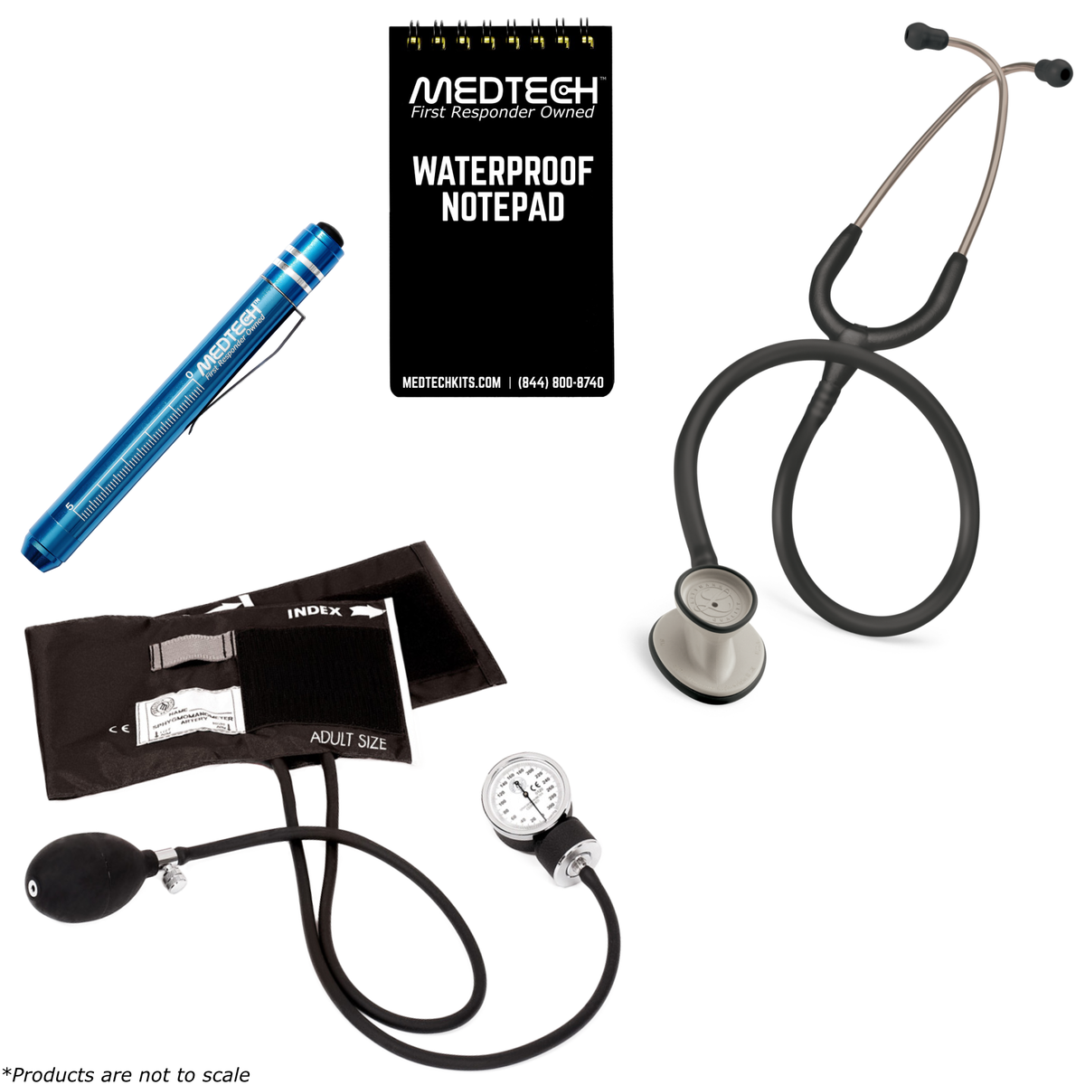 MedTech vital sign kit with teal stethoscope, BP cuff, oximeter, penlight and notepad