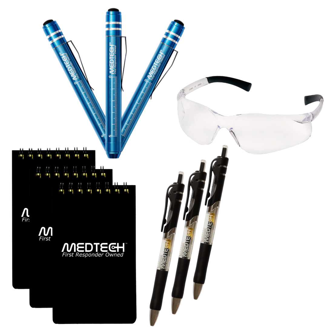 image of components in MedTech's kit refresh package. penlight, notepad, safety glasses