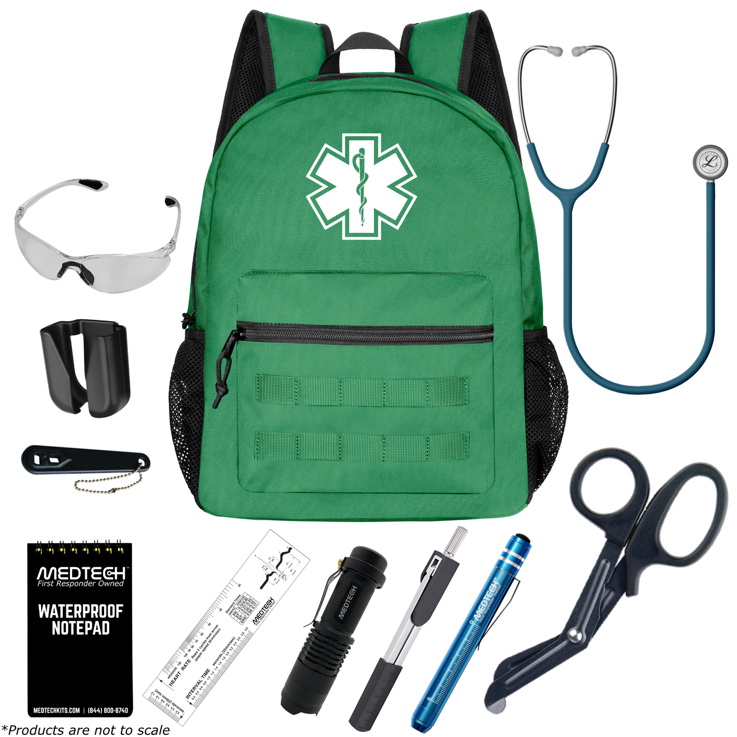 MedTech- Paramedic Basic Clinical Kit- Green- Satin Finish Caribbean Blue Tube; Stainless Finish Chestpiece
