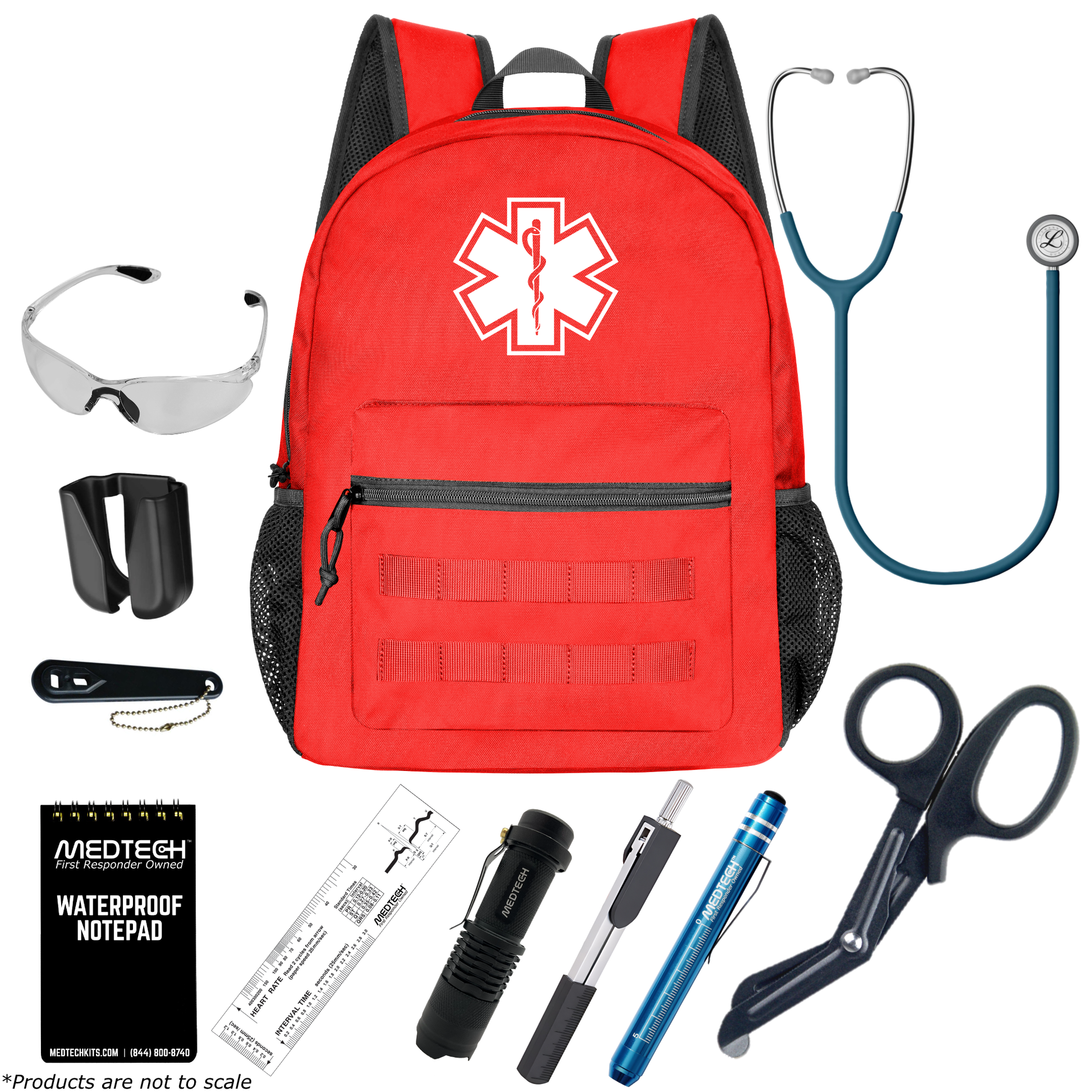 MedTech- Paramedic Basic Clinical Kit- Red- Satin Finish Caribbean Blue Tube; Stainless Finish Chestpiece