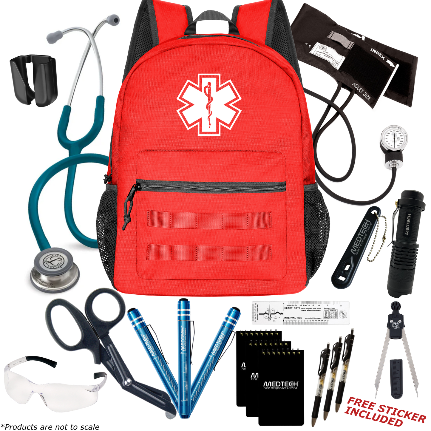 MedTech- Paramedic Premium Clinical Kit- Red- Caribbean Blue Tube; Stainless Steel Chestpiece