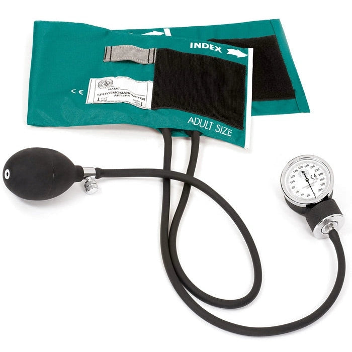 clinical aneroid sphygmomanometer with teal green cuff