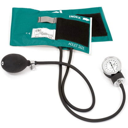 clinical aneroid sphygmomanometer with teal green cuff