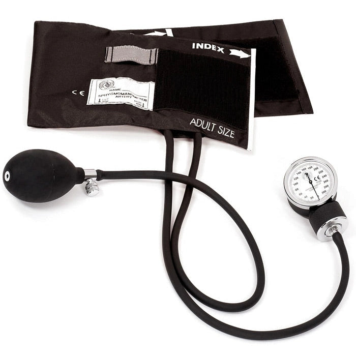 clinical aneroid sphygmomanometer with dark brown cuff