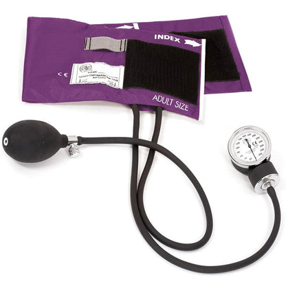 clinical aneroid sphygmomanometer with deep purple Velcro cuff