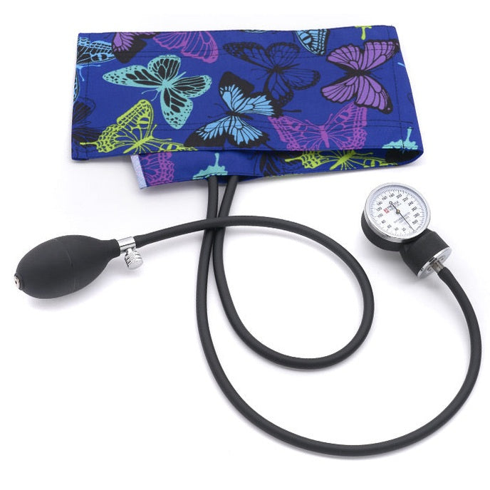 clinical aneroid sphygmomanometer with purple galaxy print cuff