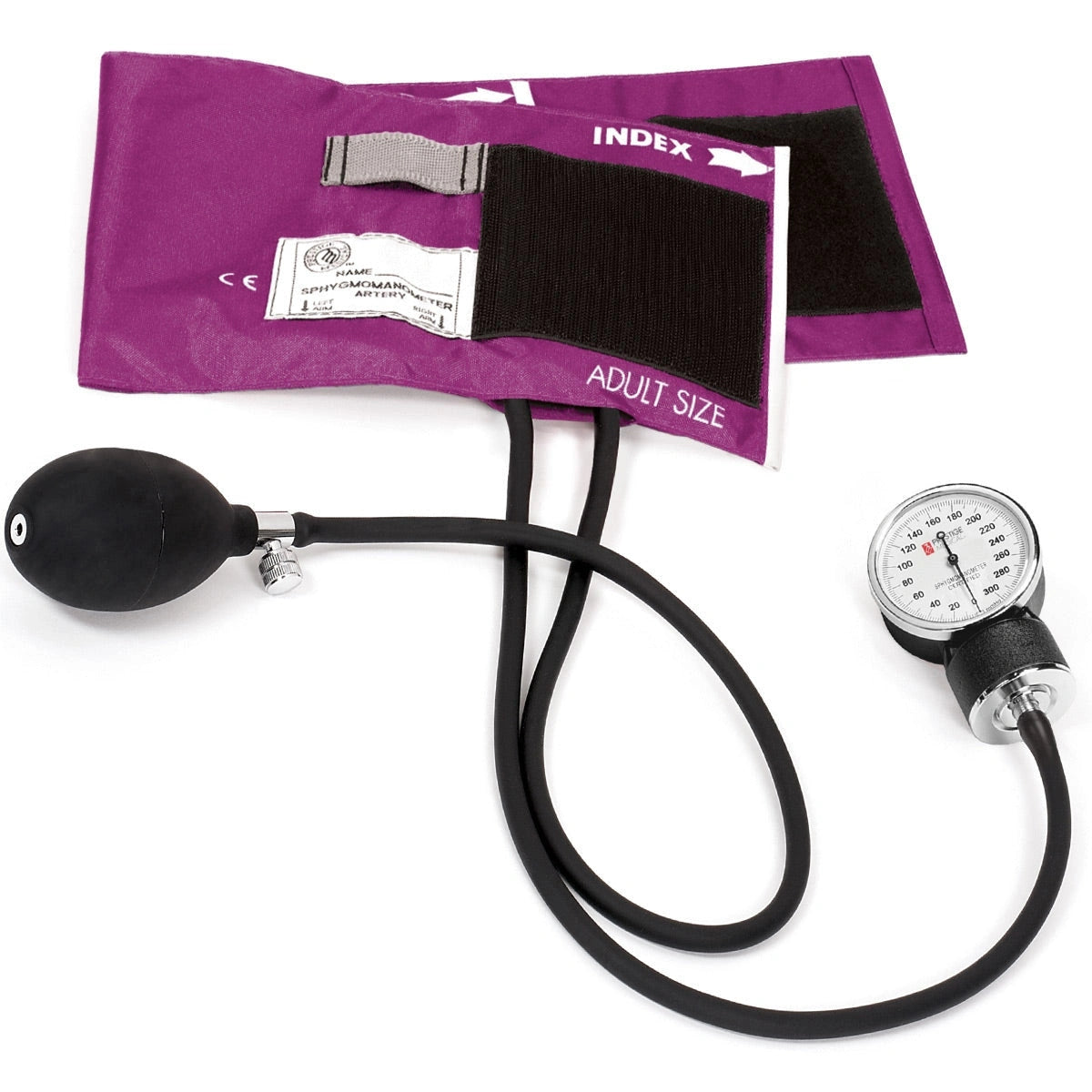 Aneroid sphygmomanometer with lilac purple cuff and inflation bulb