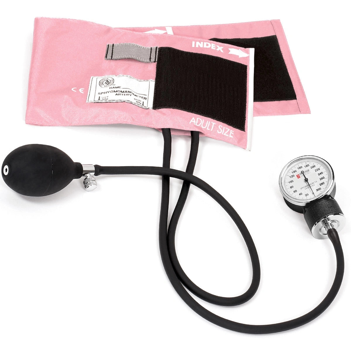 clinical aneroid sphygmomanometer with pink cuff and black bulb