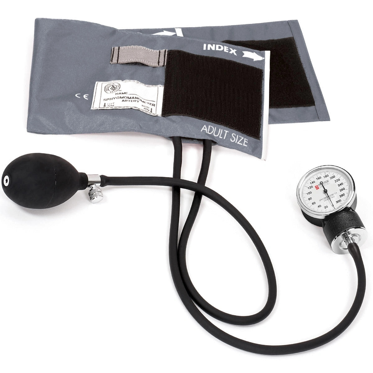 clinical aneroid sphygmomanometer with grey cuff and gauge
