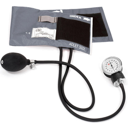 clinical aneroid sphygmomanometer with grey cuff and gauge