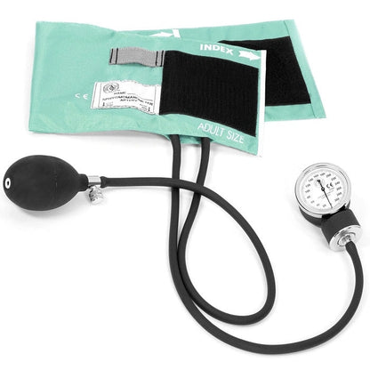 Adult aneroid sphygmomanometer with teal cuff, gauge, inflation bulb and air valve