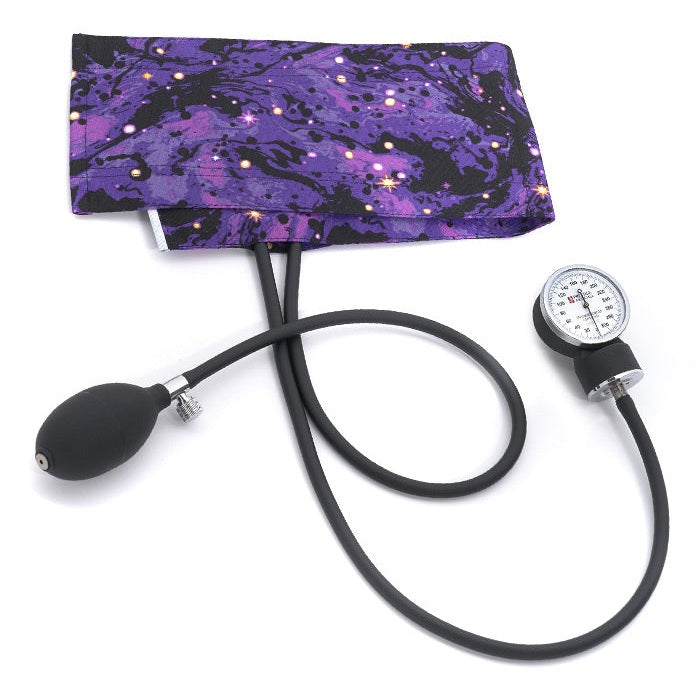 clinical aneroid sphygmomanometer with blue and purple patterned cuff