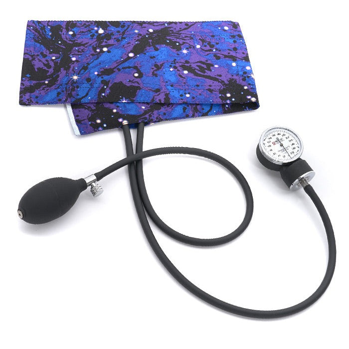 clinical aneroid sphygmomanometer with blue galaxy print cuff